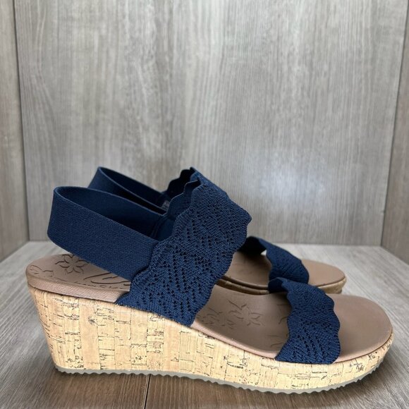 Skechers Cali Beverlee Wedge Sandals Womens 9.5 Luxe Foam Slingback Crochet Navy - Picture 1 of 12
